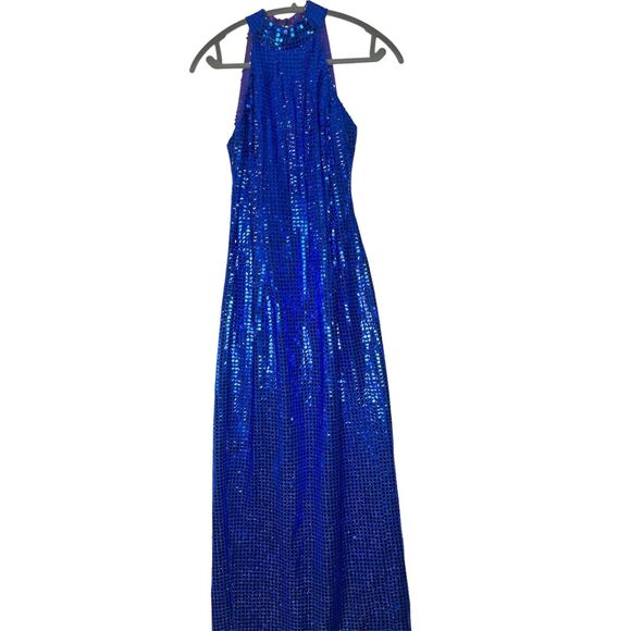 Roberta Vintage Blue Sequin High Neck Halter Top Maxi Dress Gown size 7/8 - Picture 1 of 6